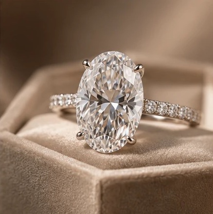 An oval diamond engagement ring in a velvet box